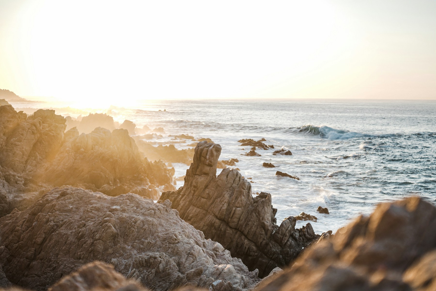 Warm low sunlight falling across a rocky coastline and open water